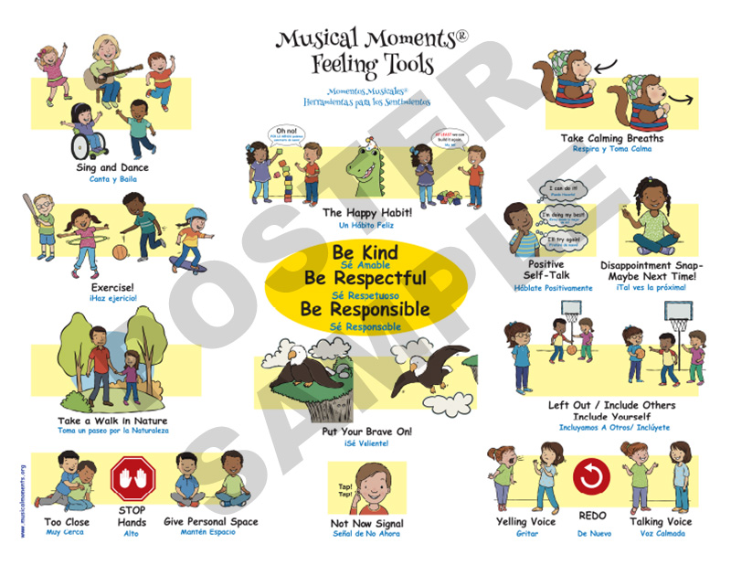 A poster titled "Musical Moments Feeling Tools" with colorful illustrations of kids in different scenarios such as asking for more personal space. The scenarios are labeled in English and Spanish. The poster has a watermark that says "poster sample".